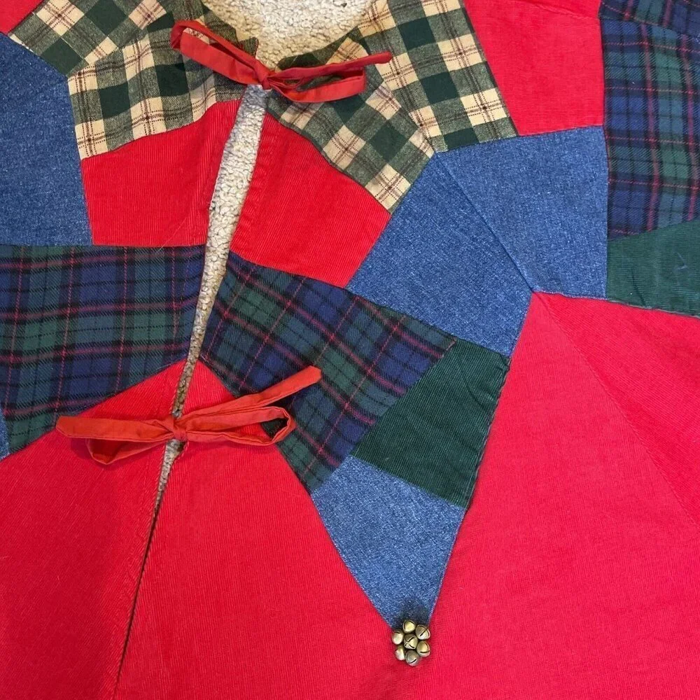 Vintage Pier 1 Christmas Tree Skirt Patchwork Corduroy Denim Jingle Bells 54